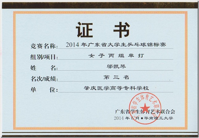 2014年广东省大学生乒乓球锦标赛女子单打第3名奖状